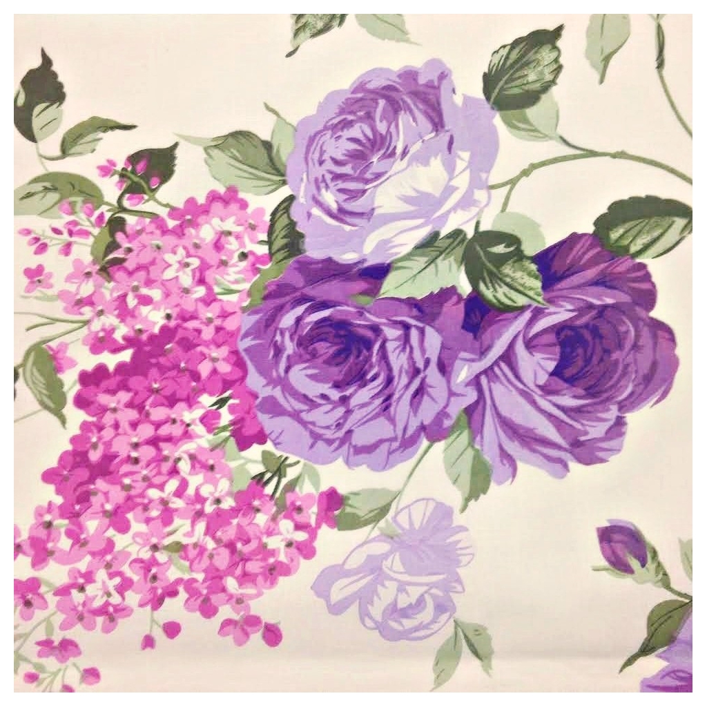 Tkanina kwiaty róże fioletowe na ecrue tle - 220cm