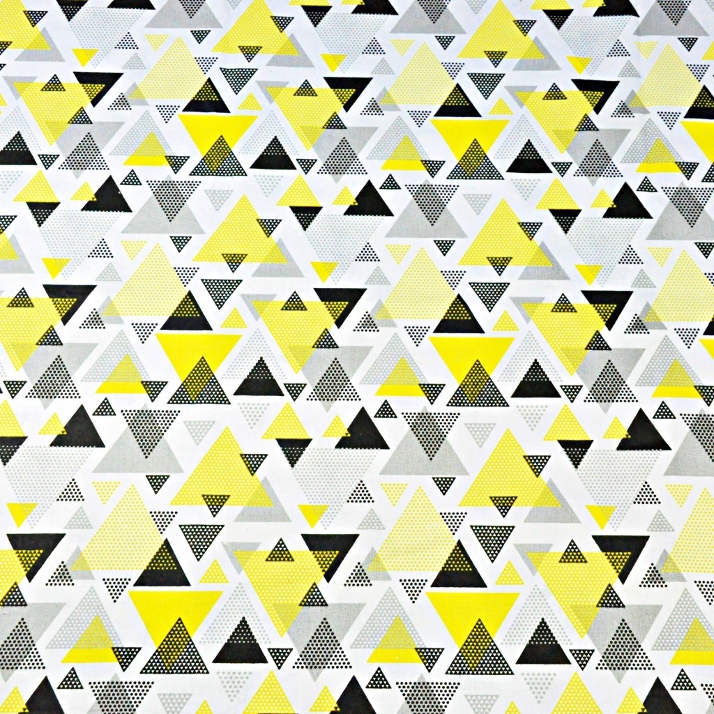 Tkanina w trójkąty w kropki żółto szare na białym tle