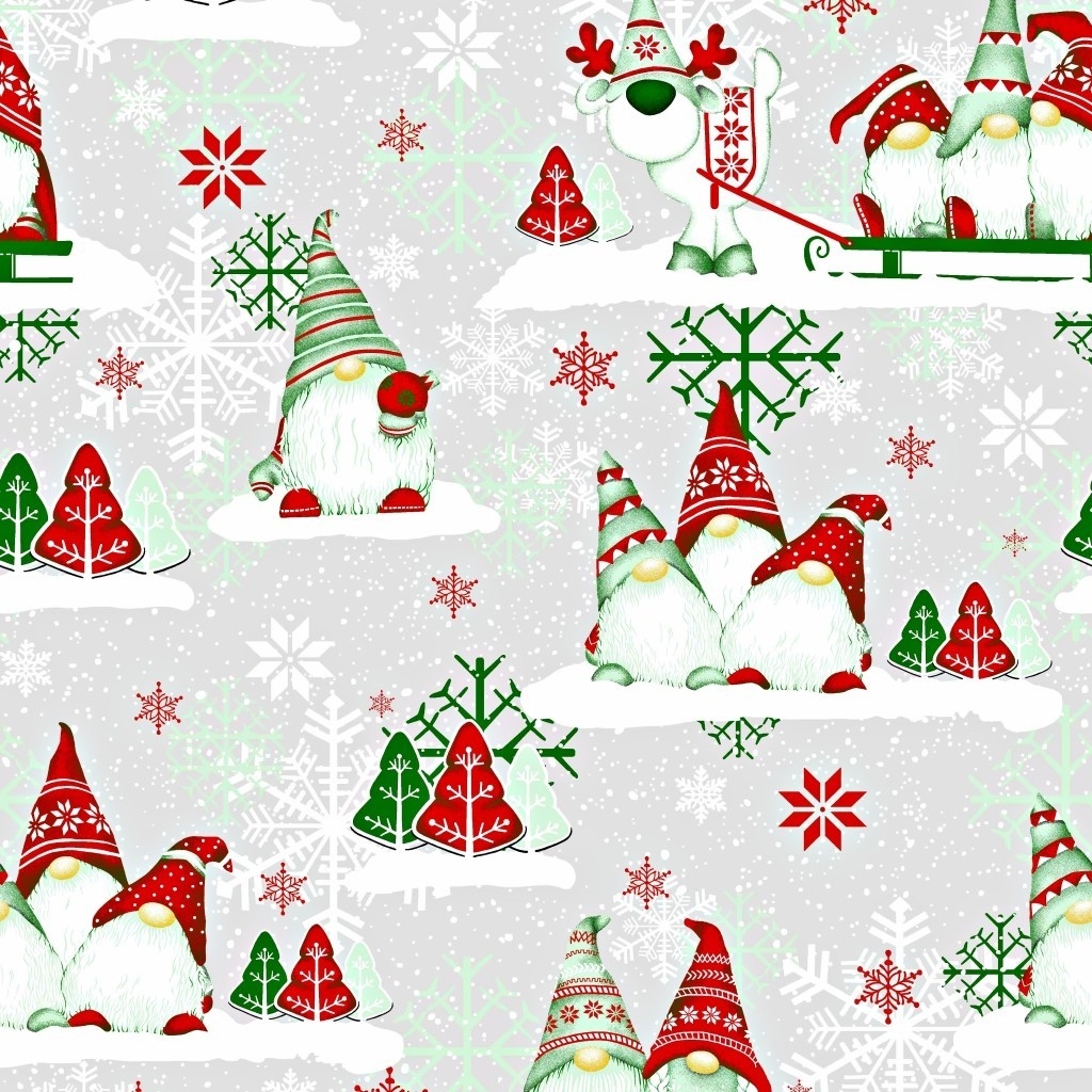 Tkanina Wzór świąteczny skrzaty zielono czerwone z reniferem na szarym tle