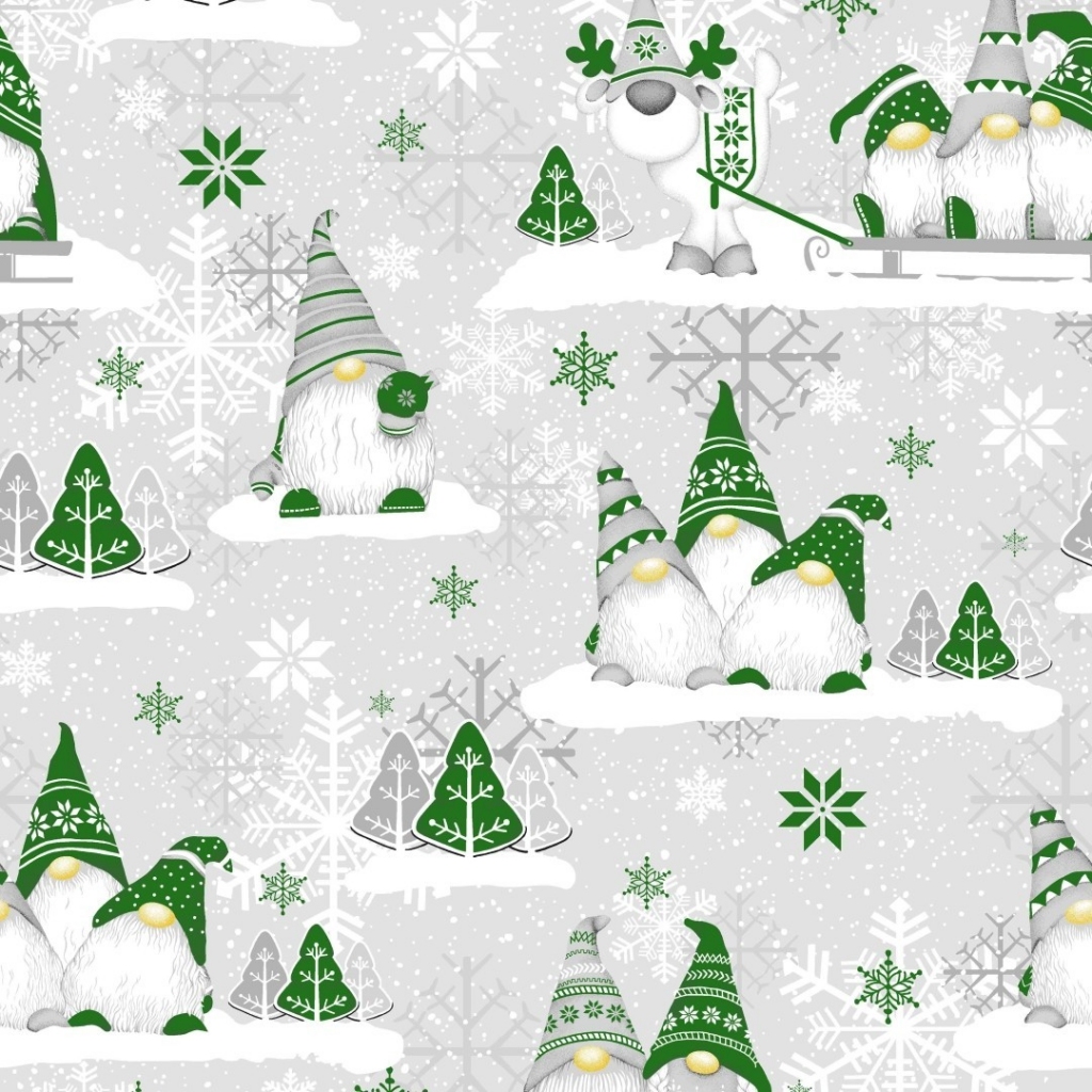 Tkanina Wzór świąteczny skrzaty zielone z reniferem na szarym tle