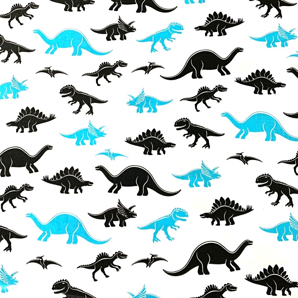 Tkanina dinozaury niebiesko czarne na białym tle
