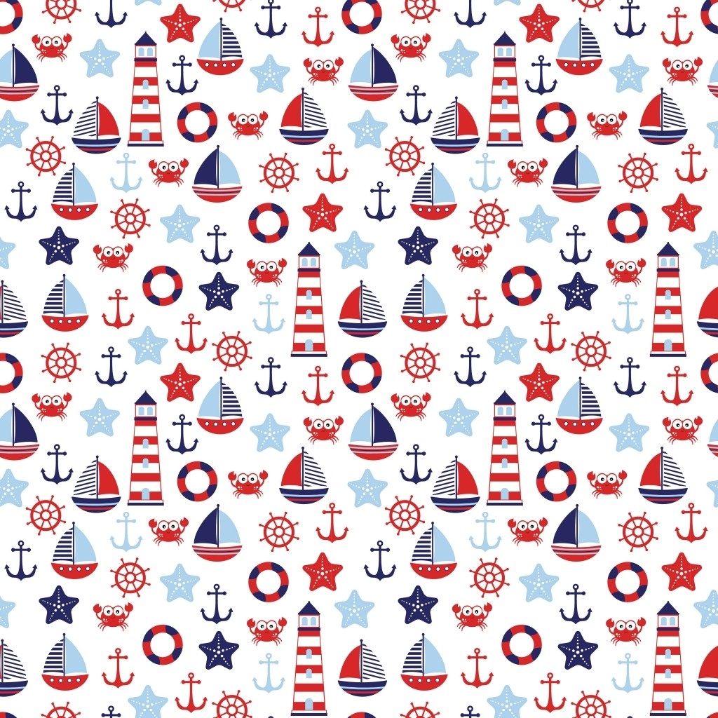 Tkanina w Morskie wzory czerwono granatowe na białym tle