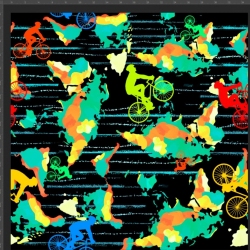 Imagén: Dzianina baweÅniana Jersey druk cyfrowy - kolorowi rowerzyÅci na czarnym tle