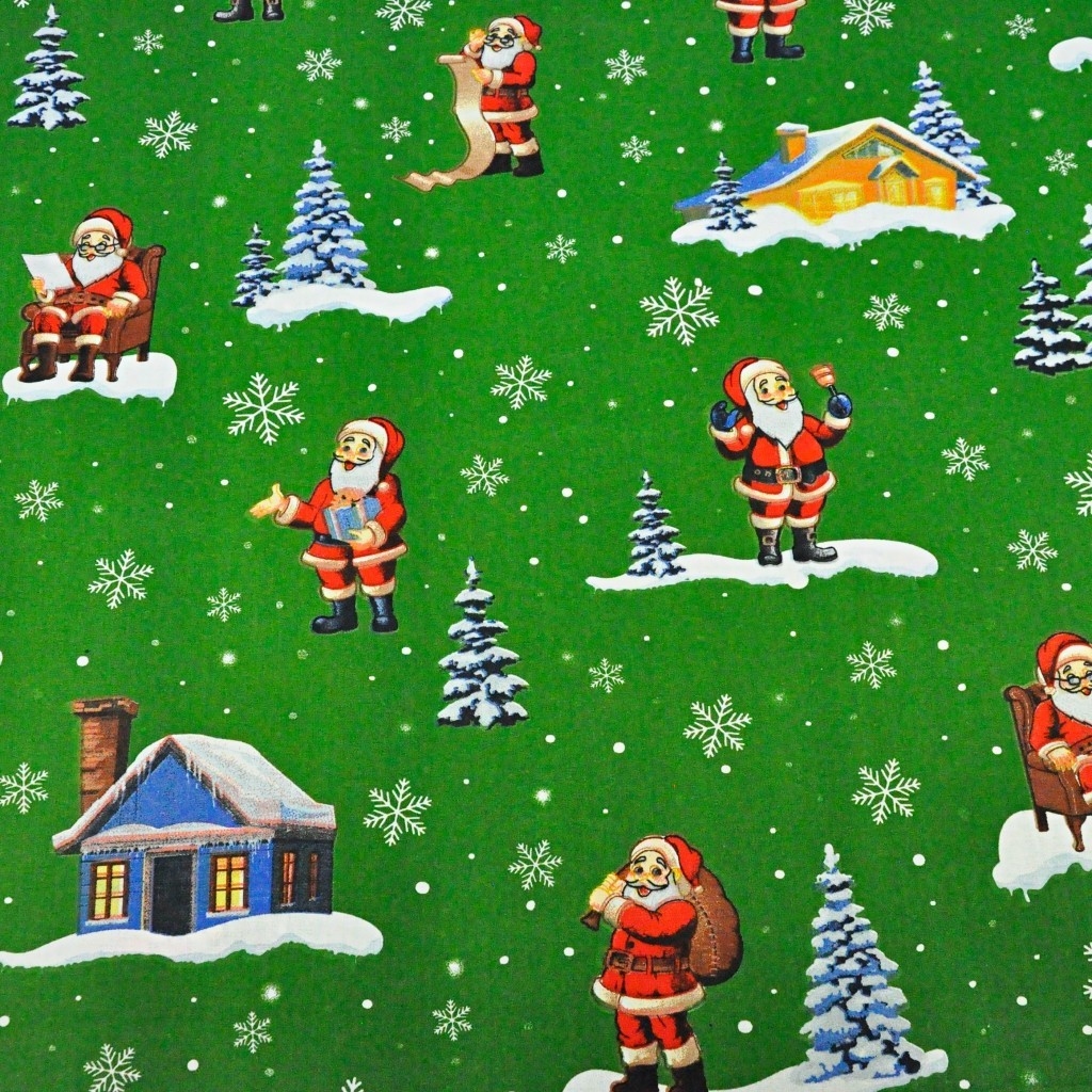 Tkanina wzór świąteczny mikołaje z domkami na zielonym tle